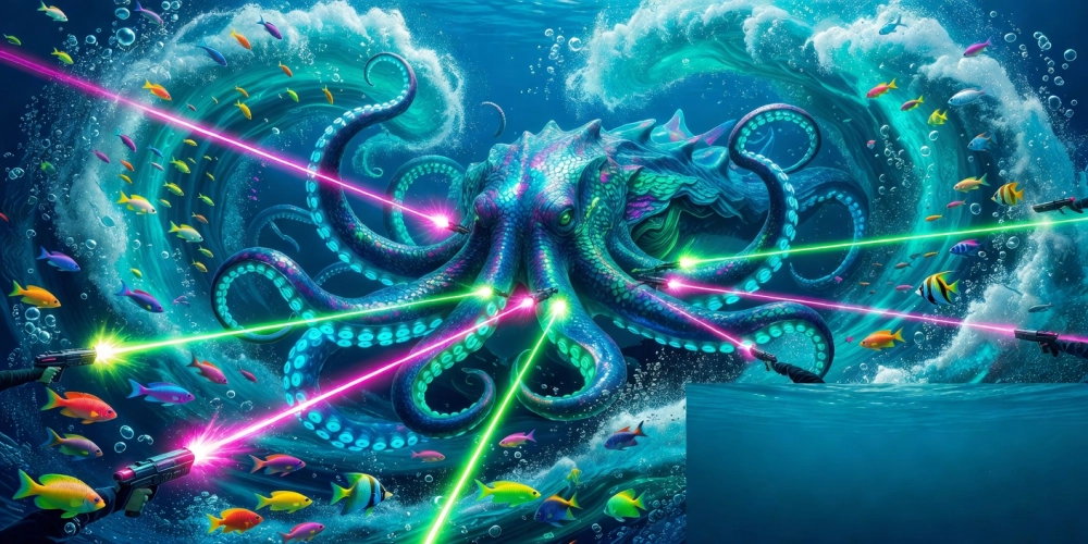 Minh họa tựa game săn boss trong game bắn cá nh88 với hình ảnh cá khổng lồ đầy kịch tính