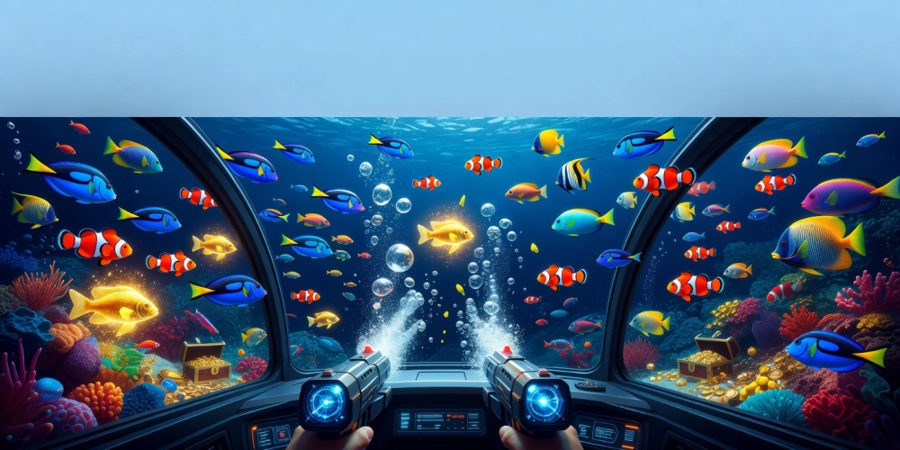 Minh họa khái niệm bắn cá vàng nh88 với giao diện game sống động