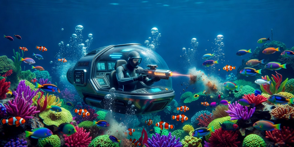 Minh họa giao diện game bắn cá vui nh88 với đồ họa 3D sống động và các loài cá đa dạng