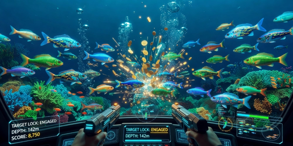 Hình minh họa giao diện bắn cá xèng nh88 với cá đa dạng và hiệu ứng sống động.
