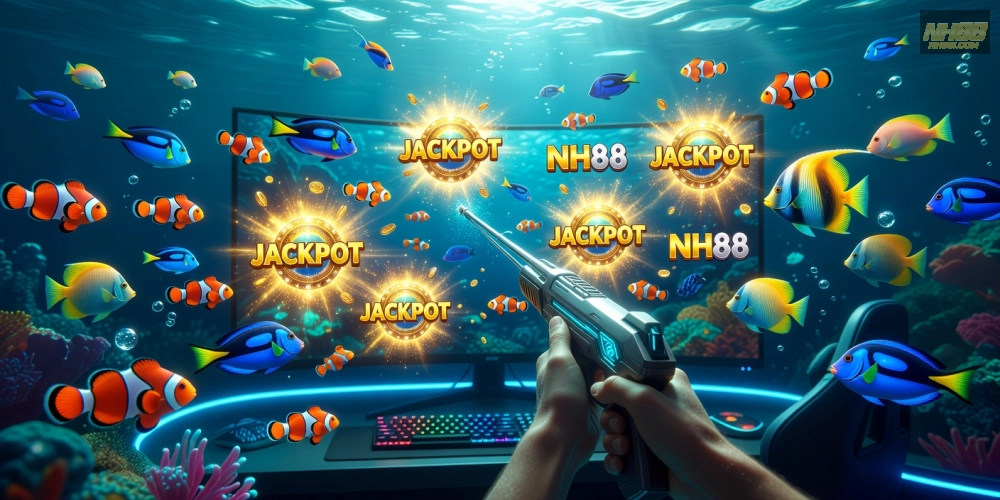 Hình minh họa khái niệm bắn cá nổ hũ nh88 với đồ họa sống động và jackpot hấp dẫn