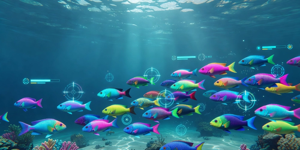 Minh họa khái niệm bắn cá online nh88 với hình ảnh cá đa sắc bơi lội trong đại dương ảo