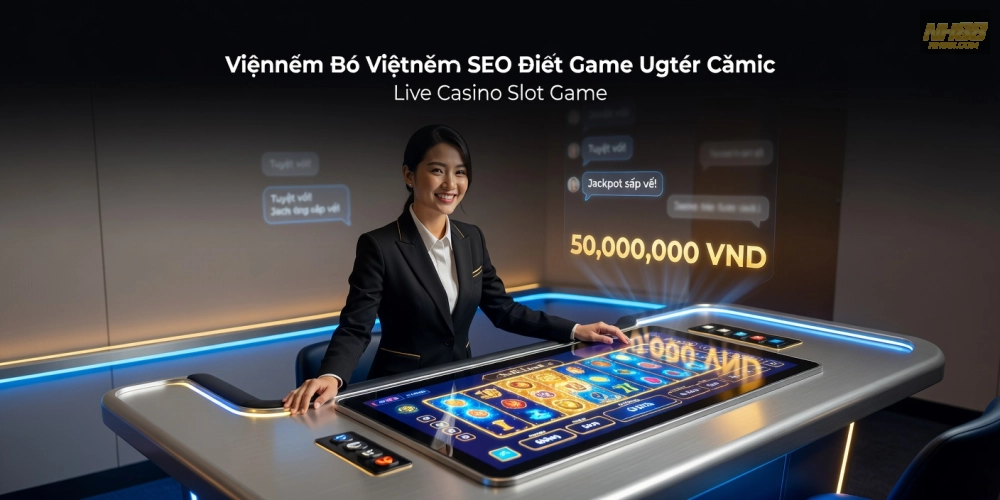 Minh họa khái niệm live casino slot games nh88 với dealer trực tiếp và màn hình slot quay