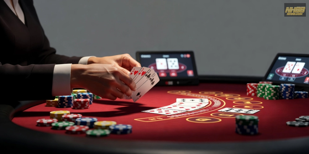 Hình ảnh bàn blackjack live casino free nh88 với dealer đang chia bài