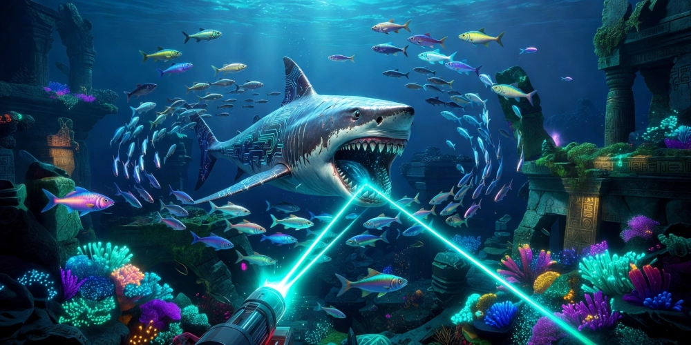 Hình ảnh thế giới đại dương trong game bắn cá vui nh88 với cá boss khổng lồ và hiệu ứng bắn súng