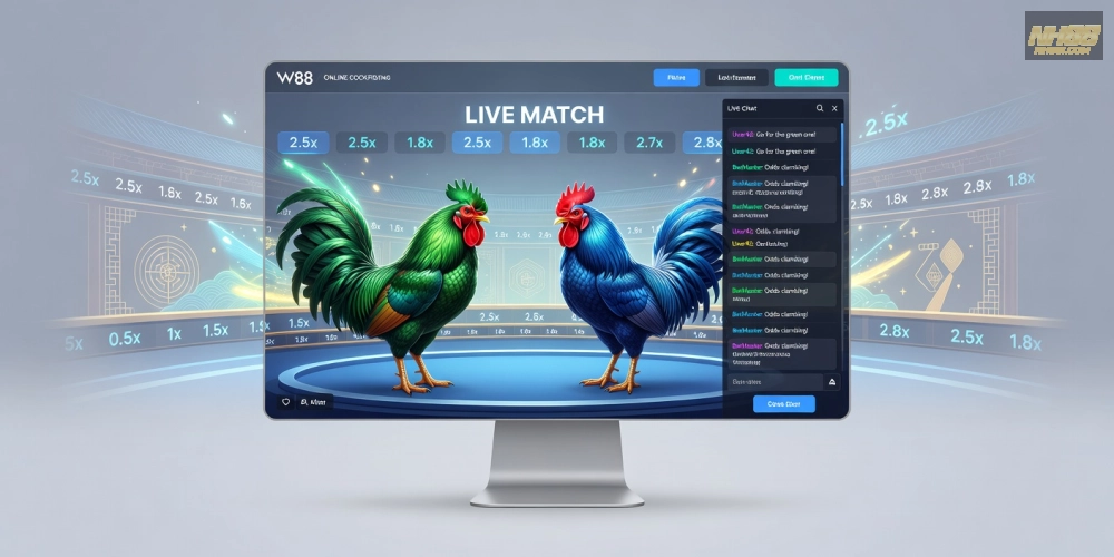 Minh họa giao diện trang chủ đá gà trực tiếp tại w88 với các trận đấu nổi bật