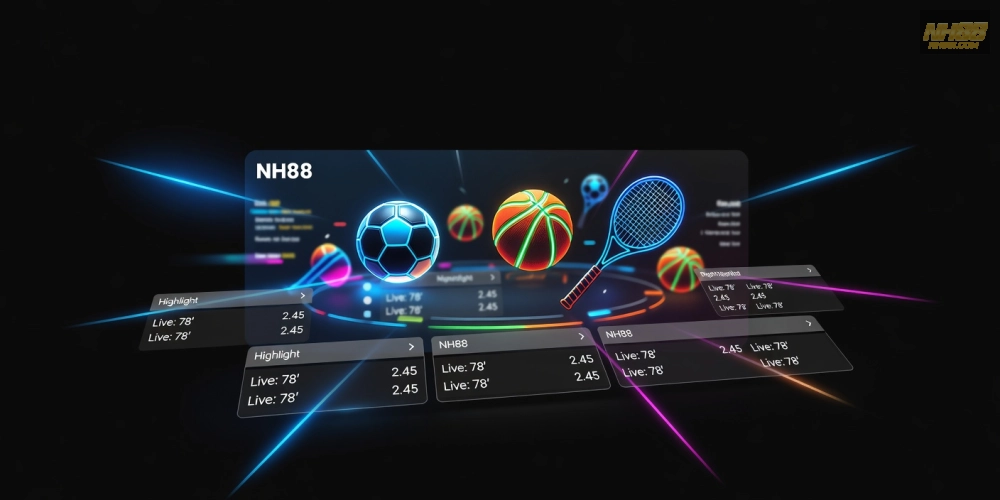 Minh họa khái niệm trò chơi thể thao trên nền tảng cá cược NH88 với giao diện hiện đại và các môn thể thao phổ biến.